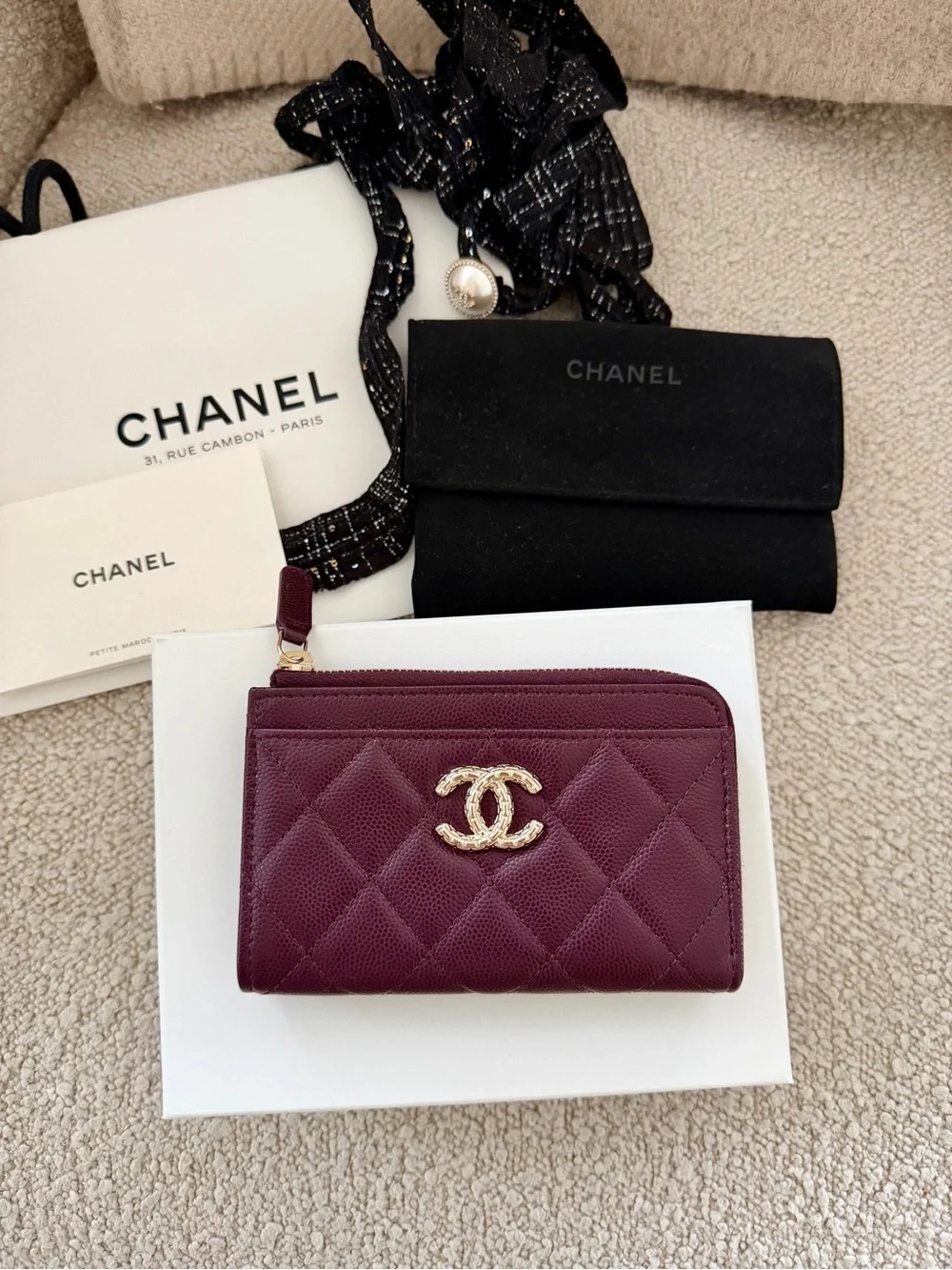 Chanel Quilted Zip Card Holder Wallet in Deep Burgundy BNIB